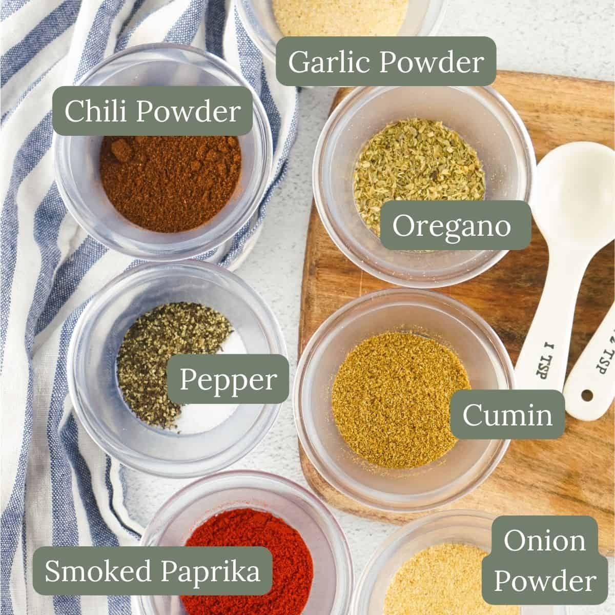 ingredients for Authentic Homemade Taco Seasoning Recipe are garlic powder, chili powder, oregano, pepper, cumin, onion powder, and smoked paprika. 