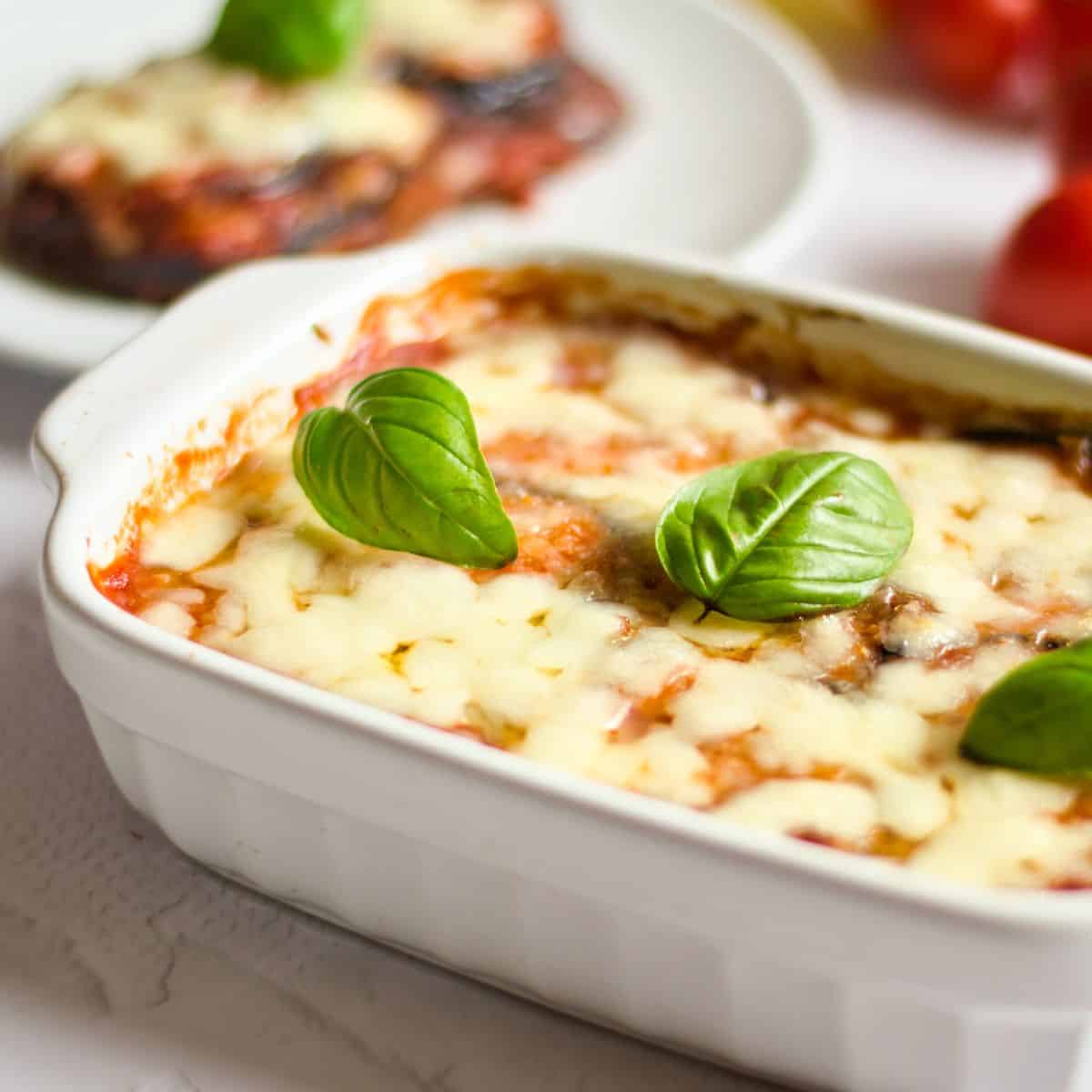 Baked Eggplant Parmesan Without Breadcrumbs Recipe in a casserole dish.