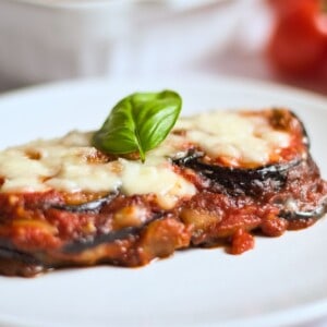 Baked Eggplant Parmesan Without Breadcrumbs Recipe on a white plate.