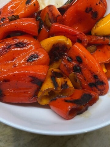 Roasted Peppers With Balsamic in a white bowl.
