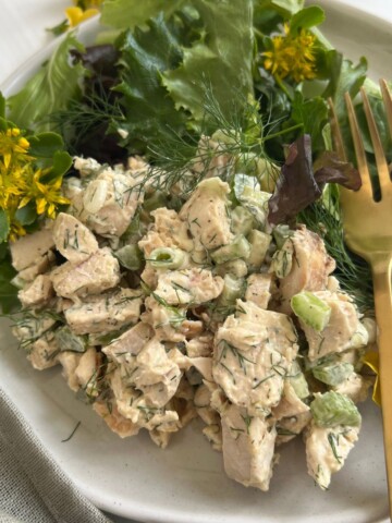 Easy Gluten-Free Chicken Salad recipe on a white plate with a gold fork