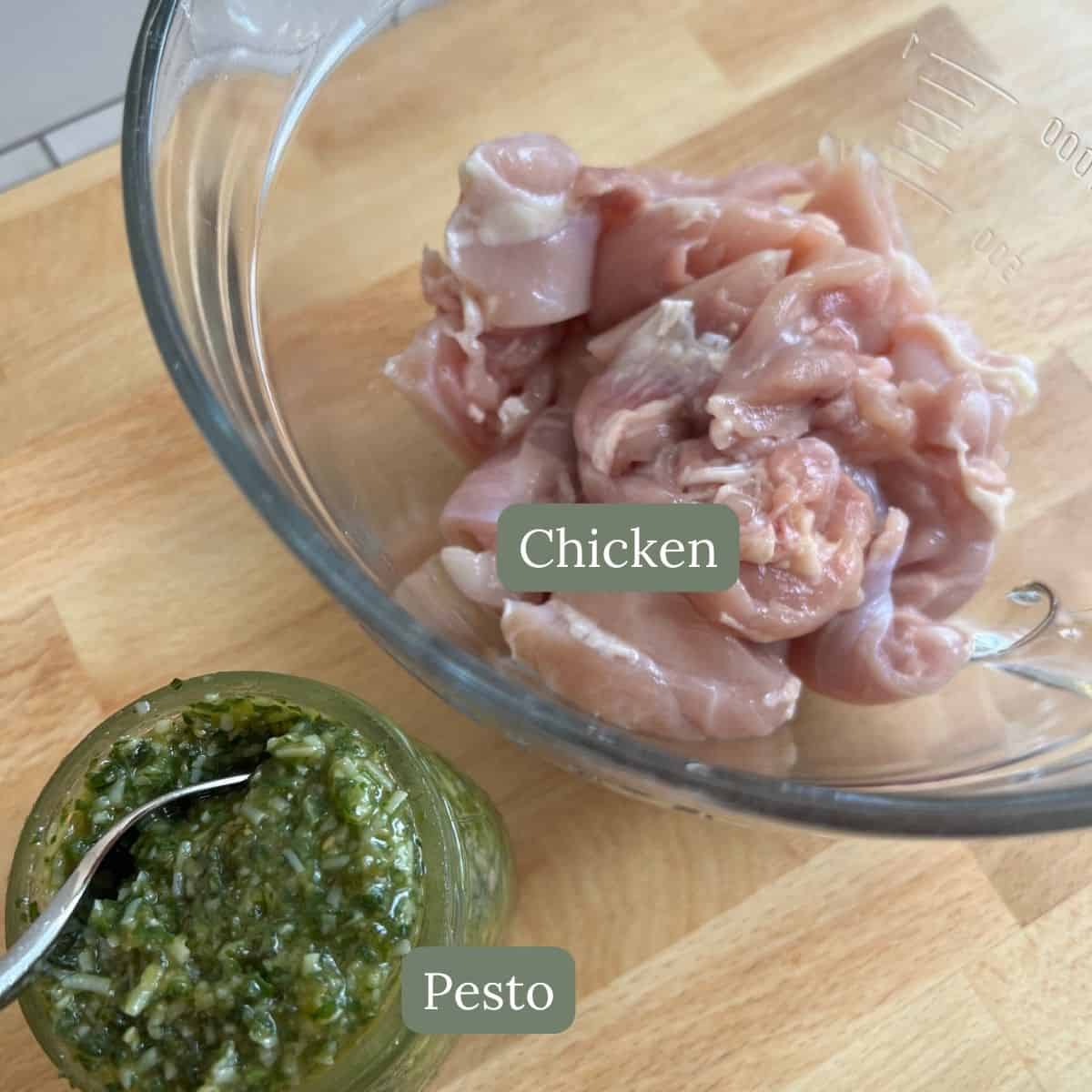 Ingredients for grilled chicken kabobs are chicken and pesto. 