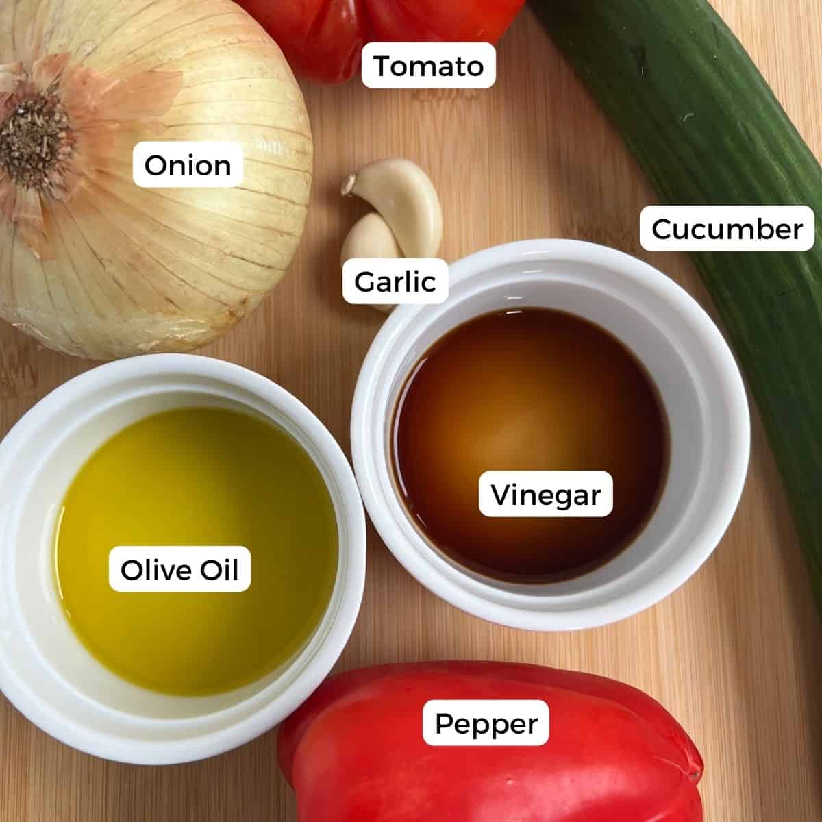 ingredients for gazpacho are tomatoes, cucumber, onion, garlic, and pepper