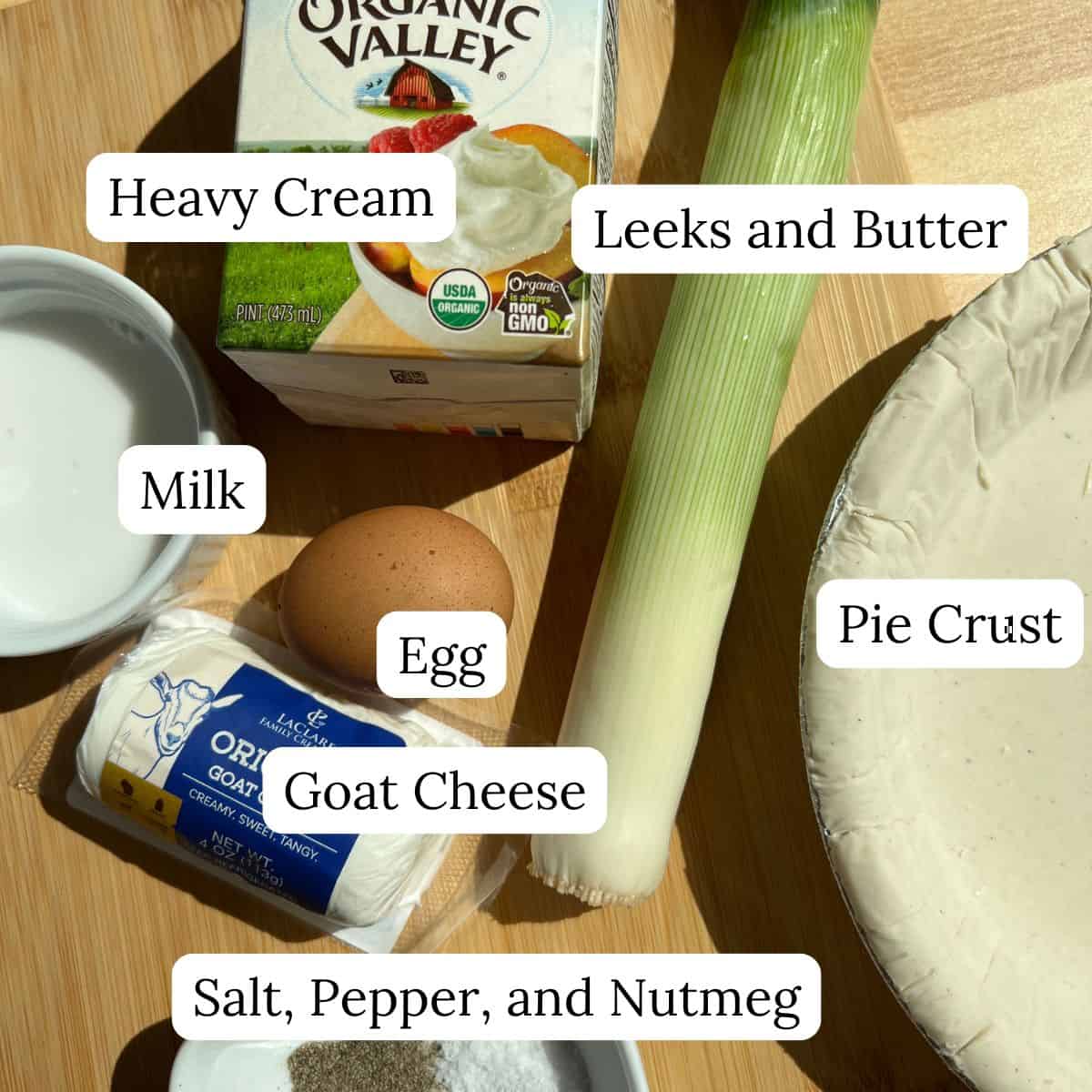 A carton of heavy cream, leek, butter, pie crust, goat cheese, an egg, a bowl of milk, and a dish of salt, pepper, and nutmeg are arranged on a sunlit surface with each labeled by text—ingredients perfectly assembled for crafting a savory leek quiche.