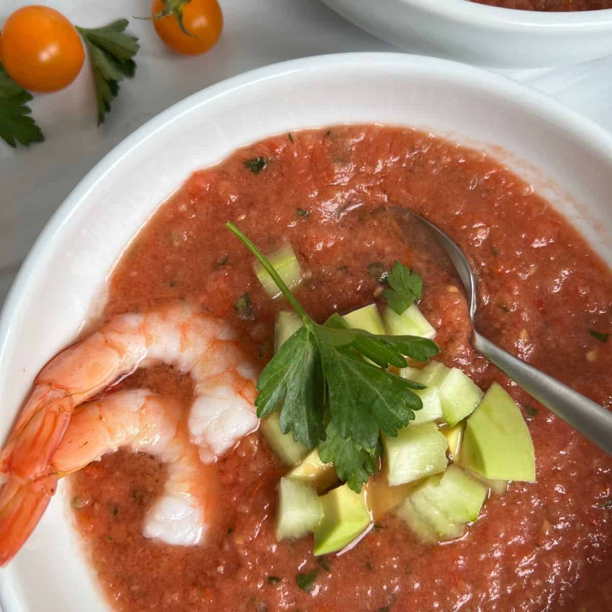 The EASIEST Authentic Spanish Gazpacho Soup Recipe with shrimp and cucumber