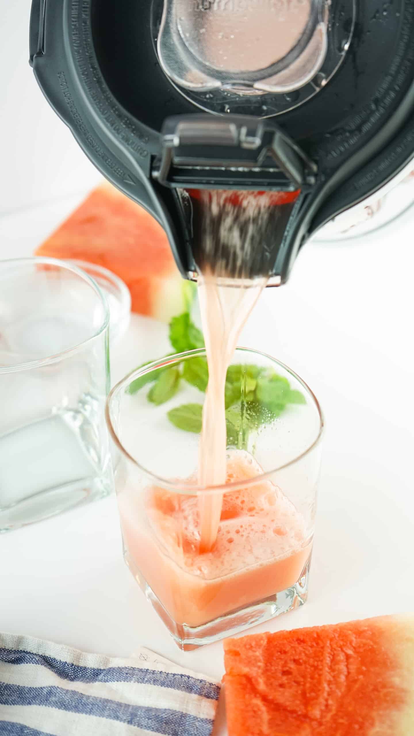 Pour the liquid into a glass and garnish with watermelon and mint. 