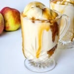 ice cream, apple cider, ginger ale, in a glass mug with caramel sauce.