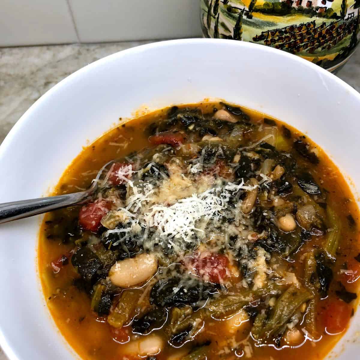 finished soup in a white bowl with a spoon