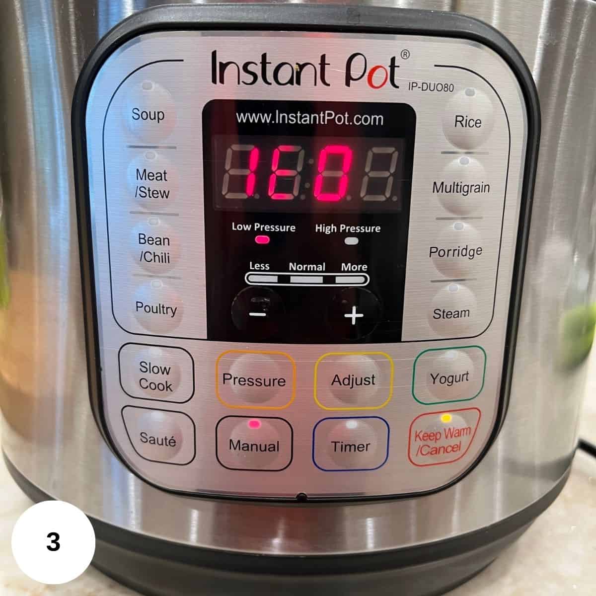 setting the instant pot for 180 minutes on low pressure.