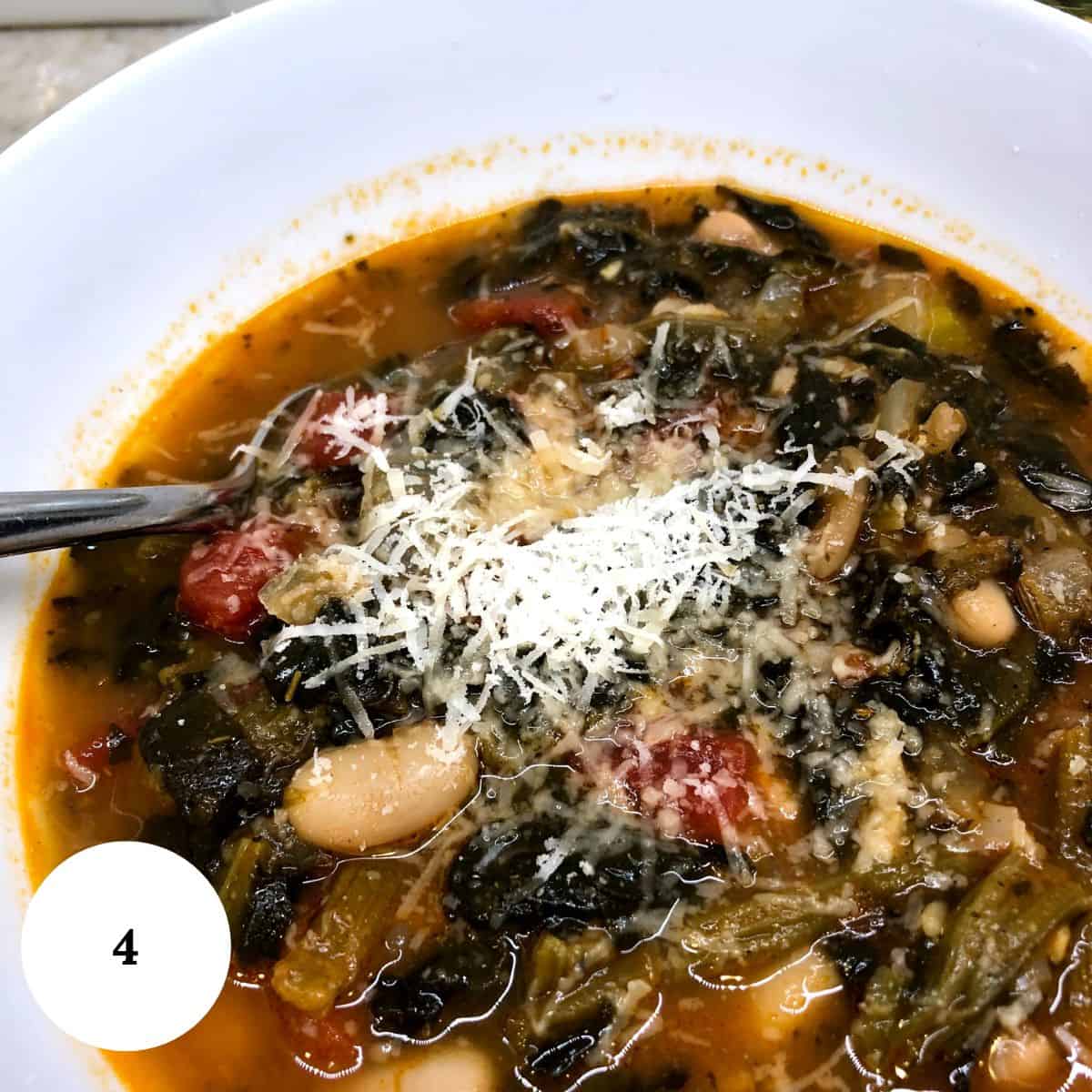 classic ribollita italian vegetable soup in a white bowl with a spoon