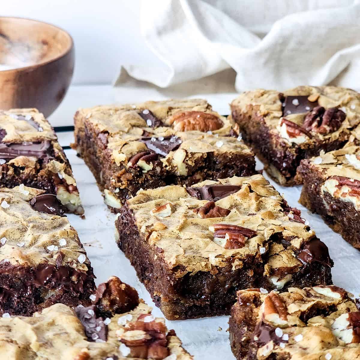 Brownie slices on a marble slab. 