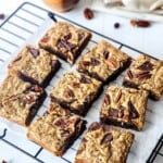 Easy Chocolate Chunk Pecan Cookie Brownie Bar Recipe baked and cooling on a wire rack.