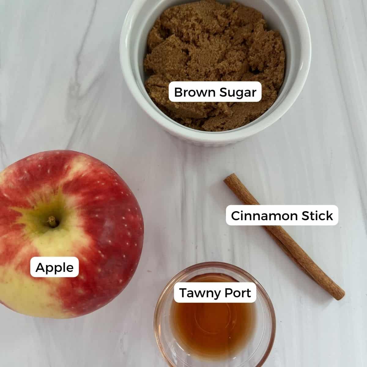 Ingredients include apples, brown sugar, cinnamon, and tawny port. 