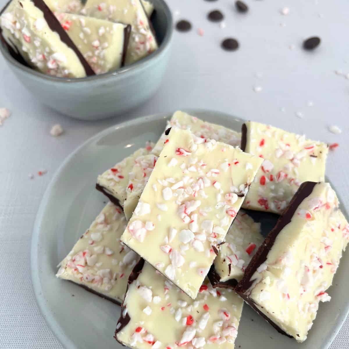 Easy Copycat Williams-Sonoma Peppermint Bark on a white plate with a bowl of bark next to it.