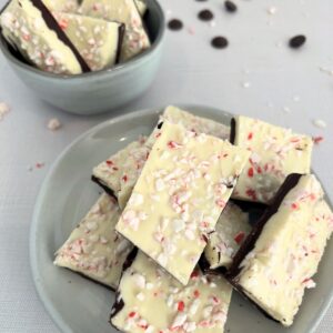 white chocolate and dark chocolate studded with crushed peppermint.