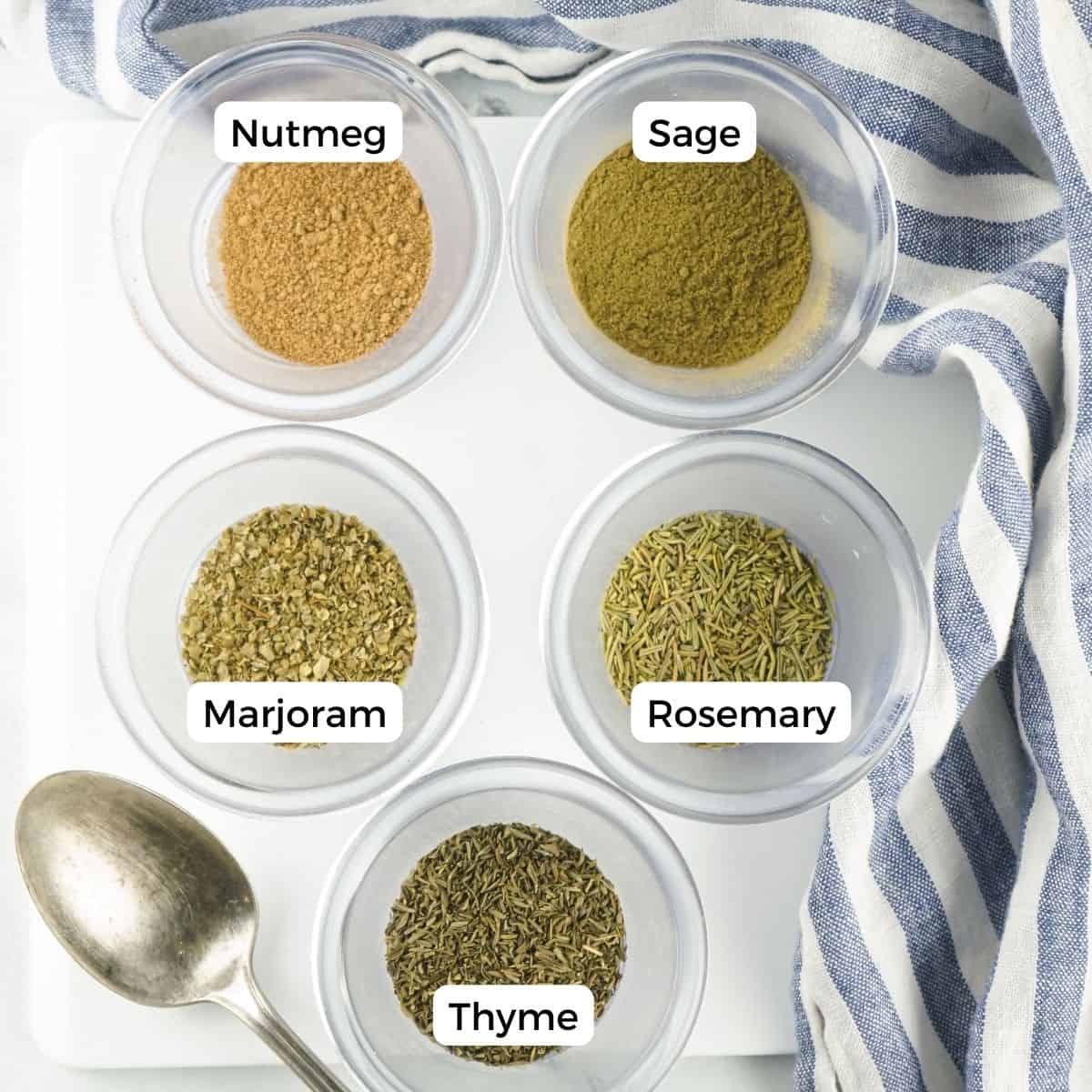 ingredients for poultry seasoning include sage, nutmeg, rosemary, thyme, and marjoram.