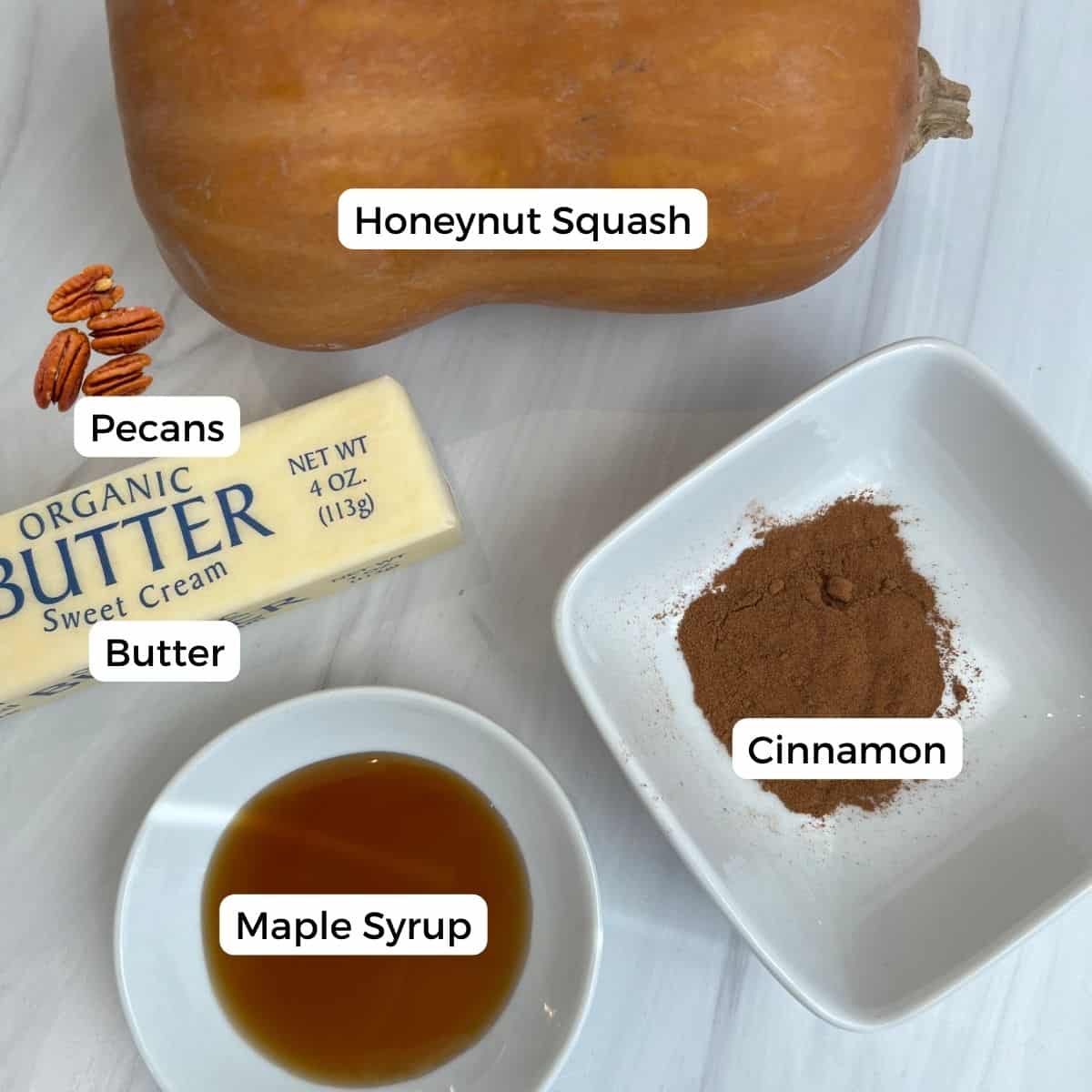 Ingredients inlcude Honeynut squash, pecans, butter, maple syrup and cinnamon. 