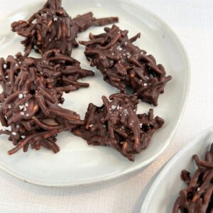 Chocolate Chow Mein Noodle Cookies on a white plate