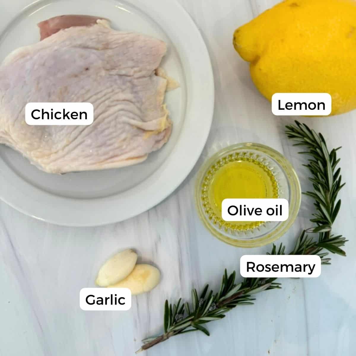 Ingredients for lemon chicken include chicken, lemon, olive oil, garlic, and rosemary. 