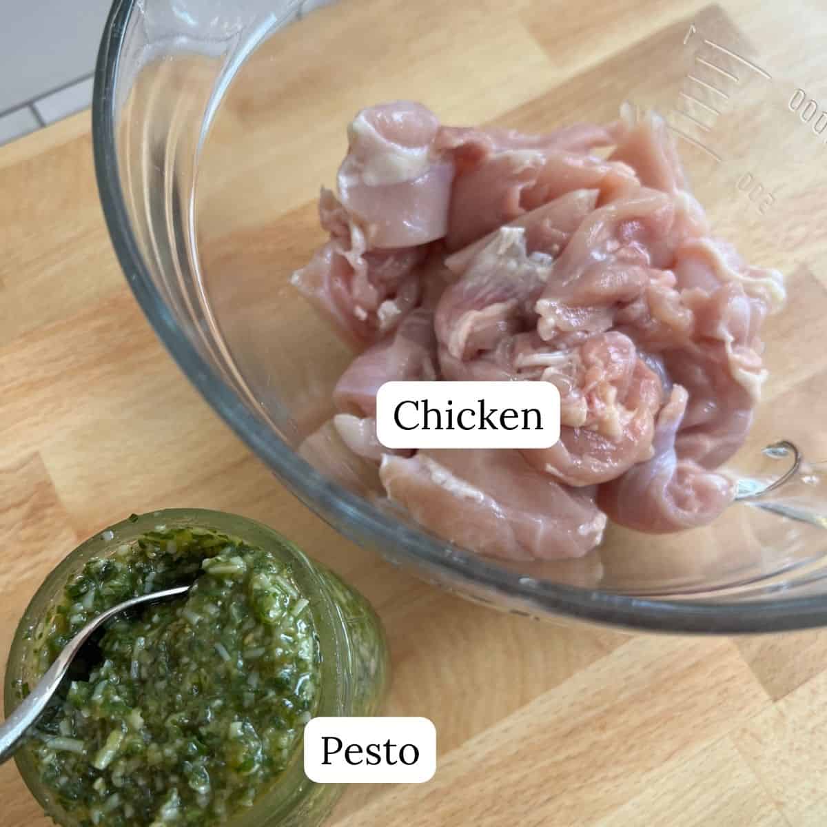 Ingredients for the kabobs include chicken and a pesto sauce. 