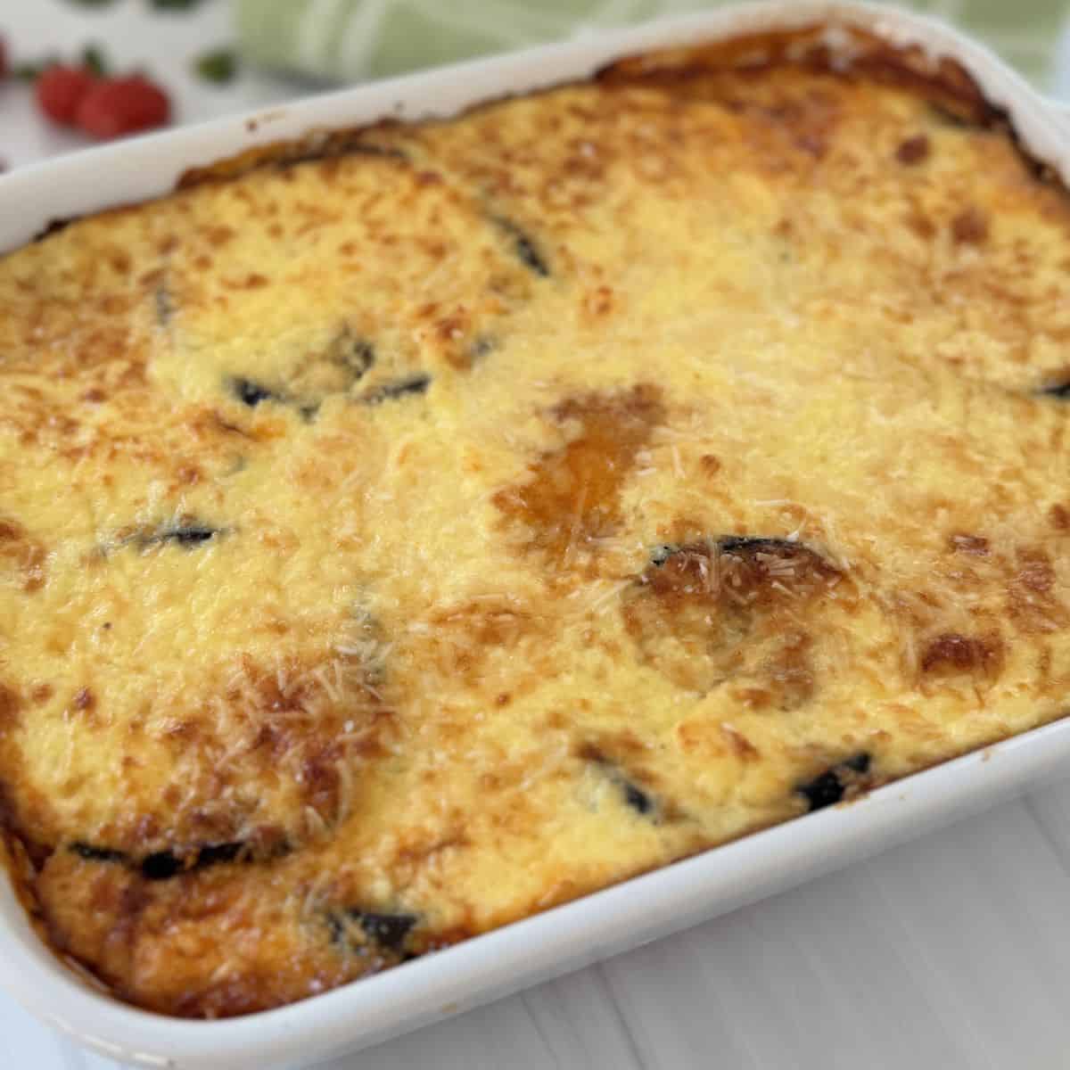 A casserole of eggplant and lamb finished and ready to serve. 
