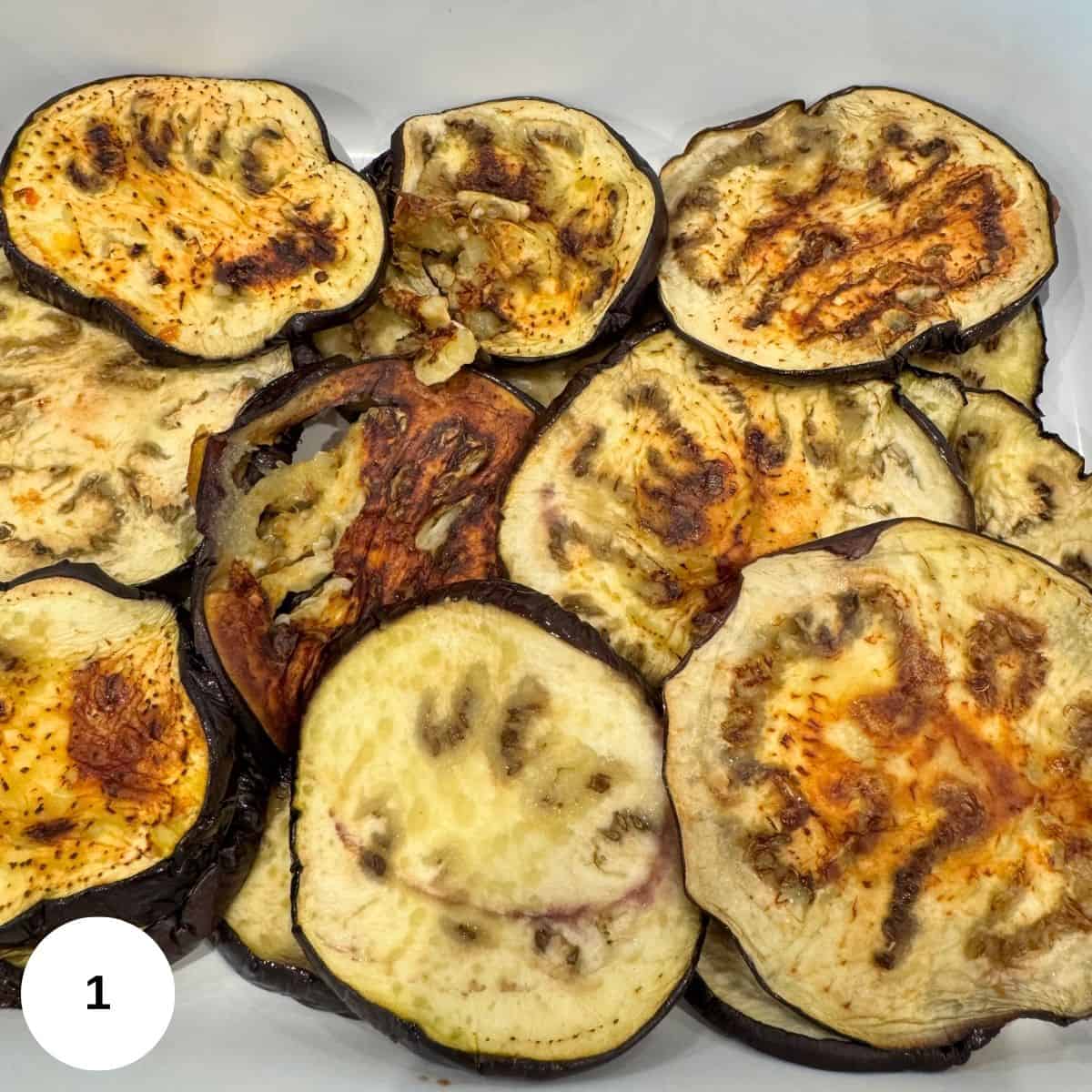 Roasted eggplant on a sheet pan. 