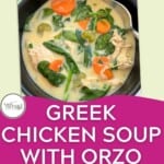 Greek Lemon Chicken Soup with orzo pinterest pin.