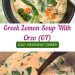 Greek Lemon Chicken Soup with orzo pinterest pin.