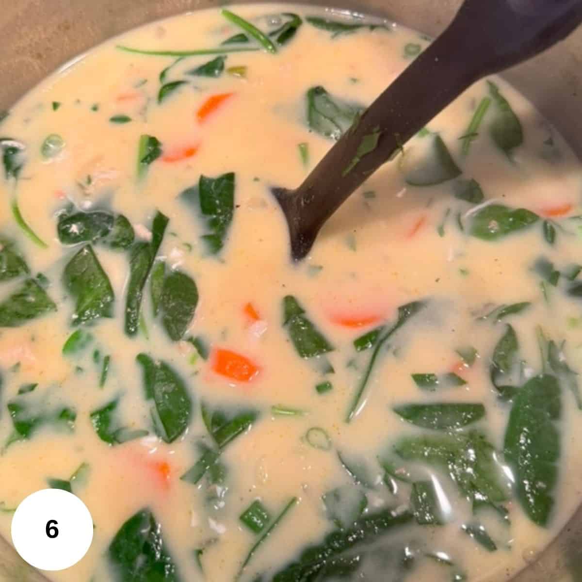 Adding in the spinach, parsley and scallion to the soup before serving. 