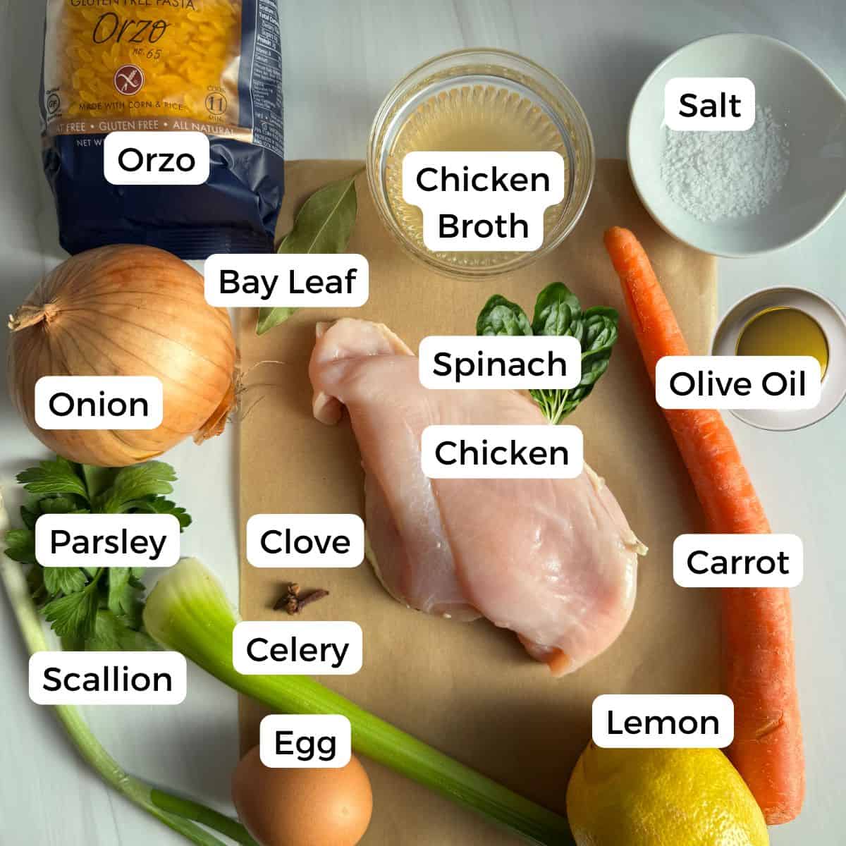 Ingredients include chicken, chicken broth, salt, carrot, lemon, egg, celery clove, bay leaf, scallion, spinach, parsley, onion, olive oil, and orzo. 