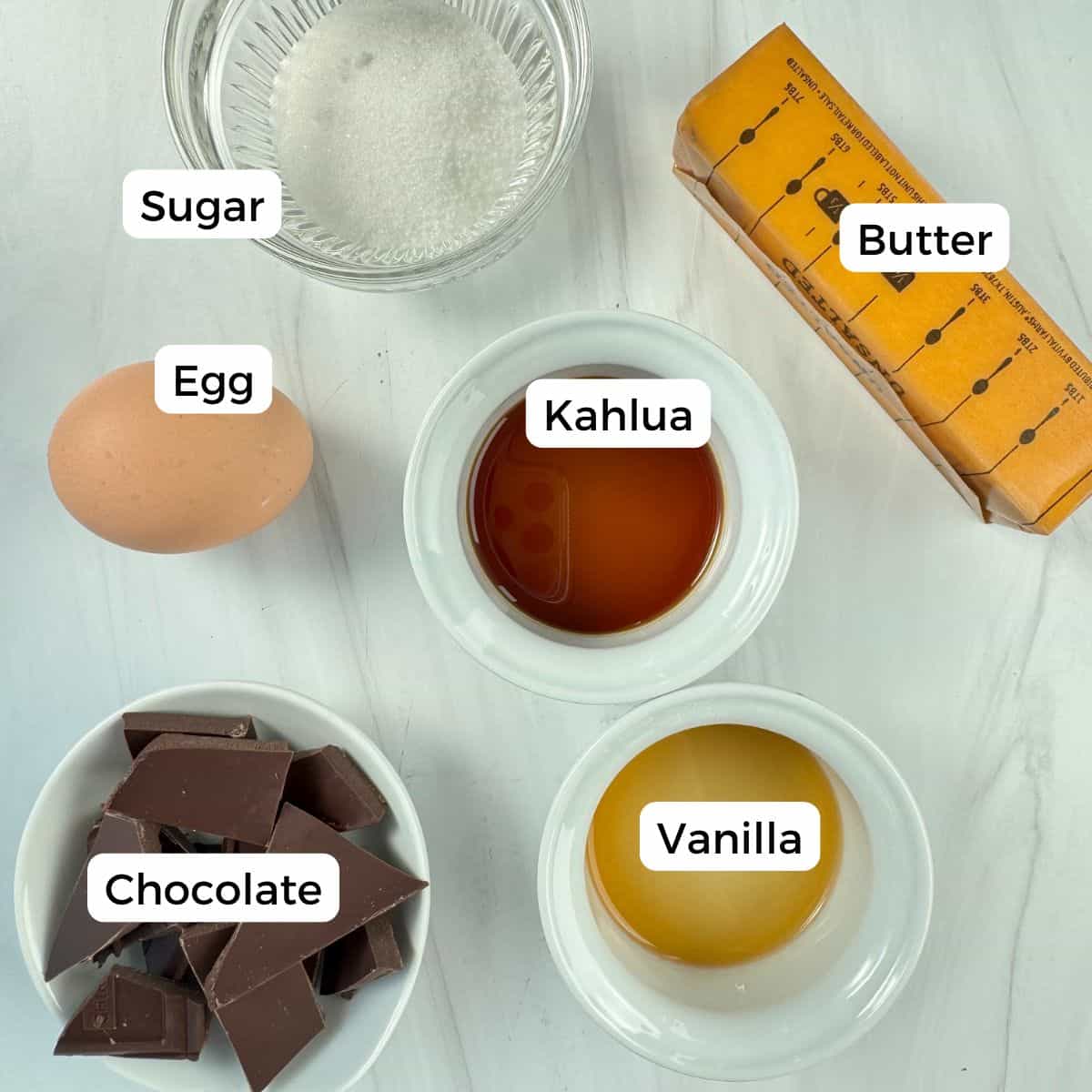 Ingredients include eggs, sugar, chocolate, butter, Kahlua, and vanilla. 