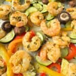 Sheet Pan Shrimp and Veggies cooked and still on the sheet pan.