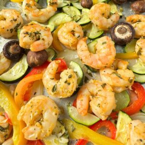 Sheet Pan Shrimp and Veggies cooked and still on the sheet pan.