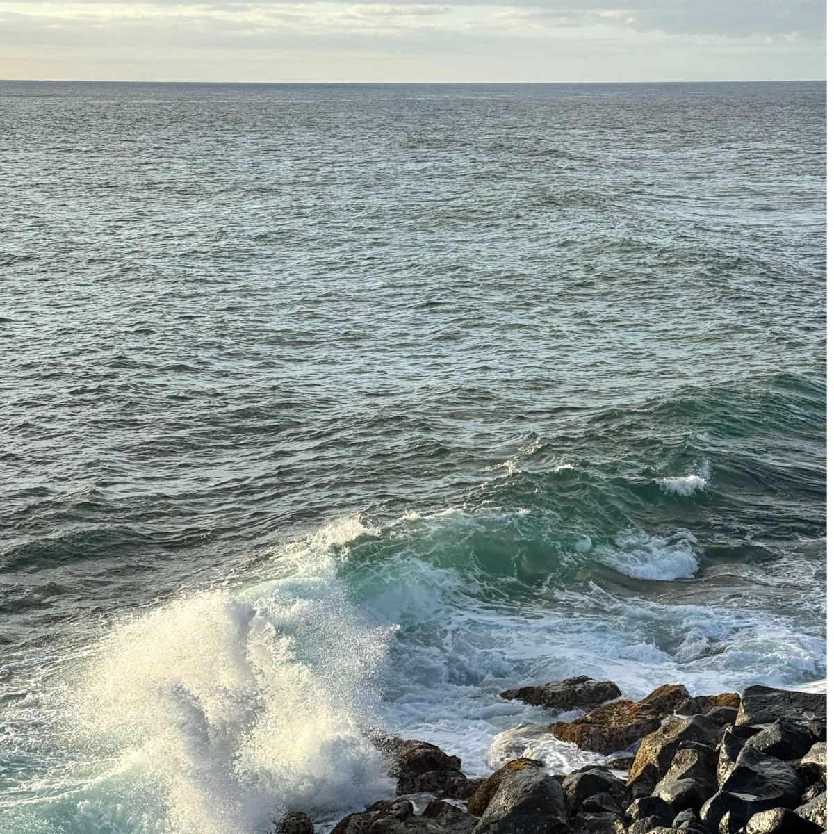 The ocean waves crashing against the shoreline.