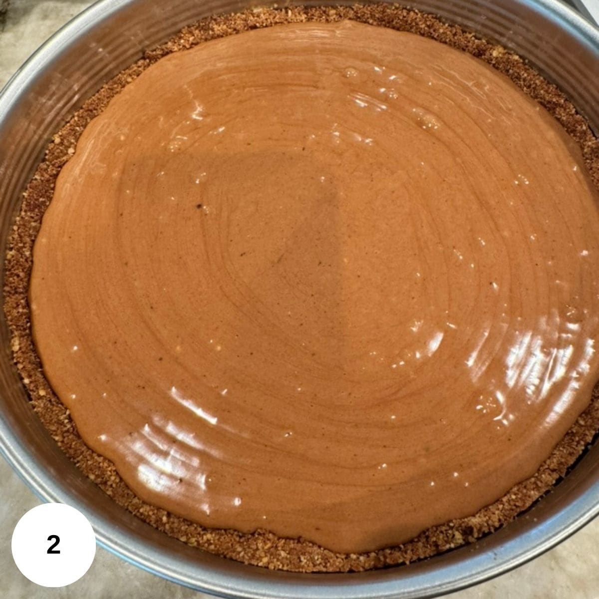 The baking pan with the finished crust and the filling in the middle ready to bake.