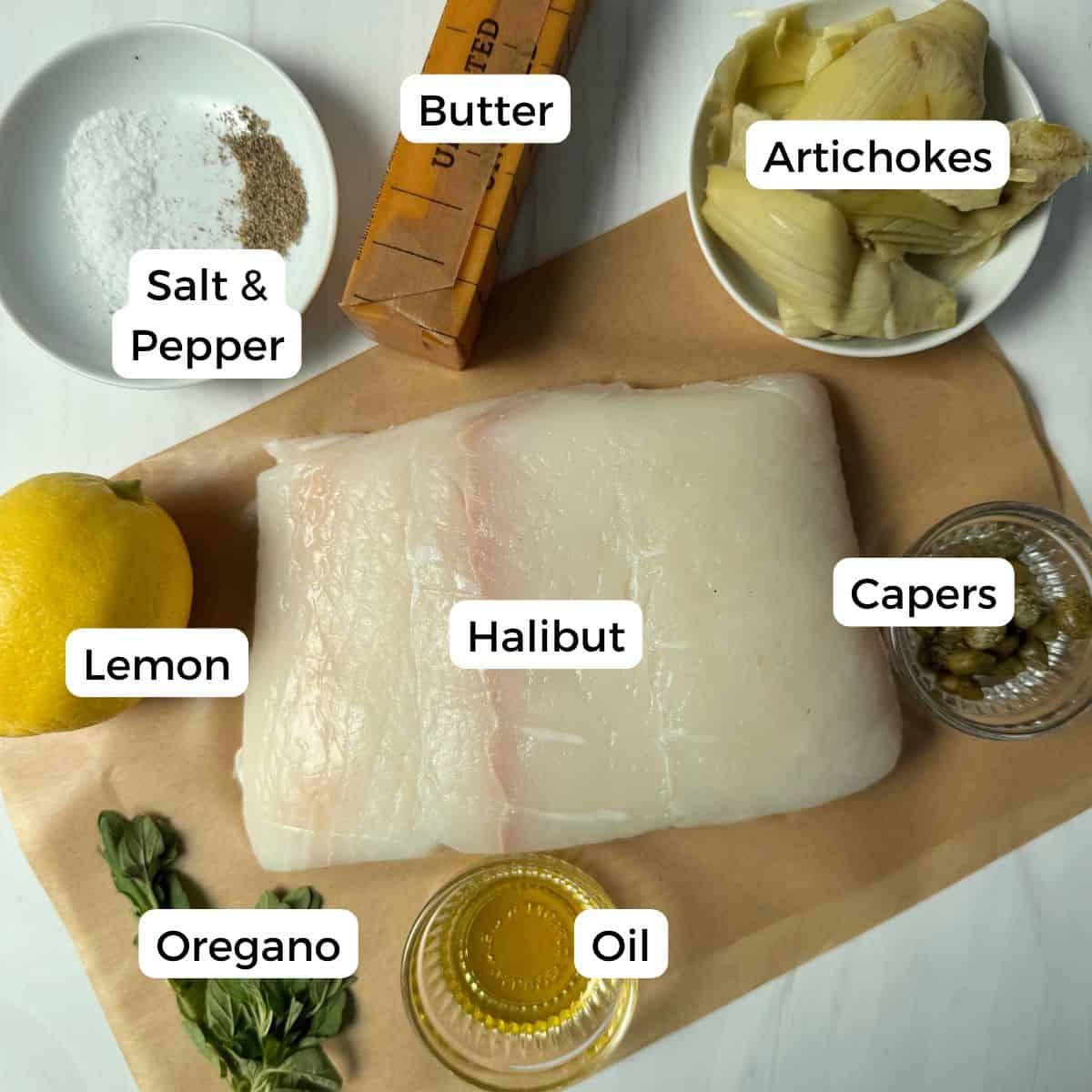 Ingredients include halibut, capers, oil, oregano, lemon, salt, pepper, butter, and artichokes. 
