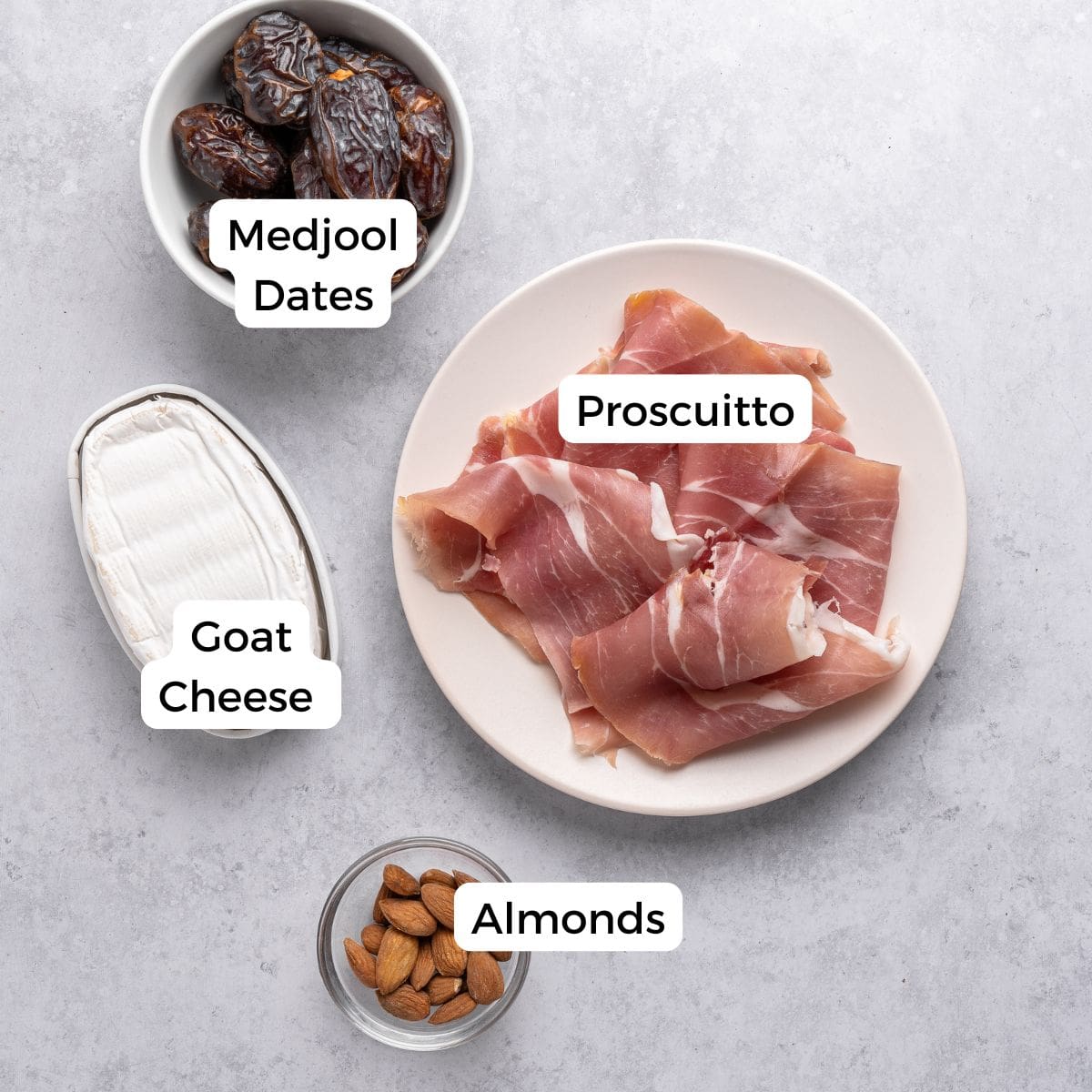 Ingredients include Medjool dates, proscuitto, goat cheese, and almonds. 