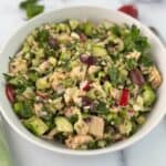 Mediterranean tuna salad in a white bowl.