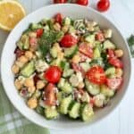 Chickpea Cucumber Feta Salad in a white bowl.