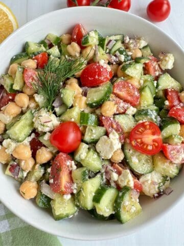 Chickpea Cucumber Feta Salad in a white bowl.