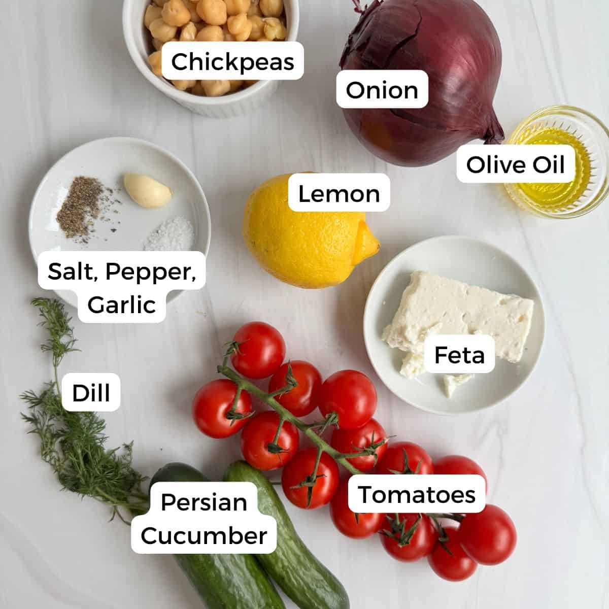 Ingredients include chickpeas, onion, olive oil, lemon, feta, tomatoes, persian cucumber, dill, salt, pepper, and garlic.