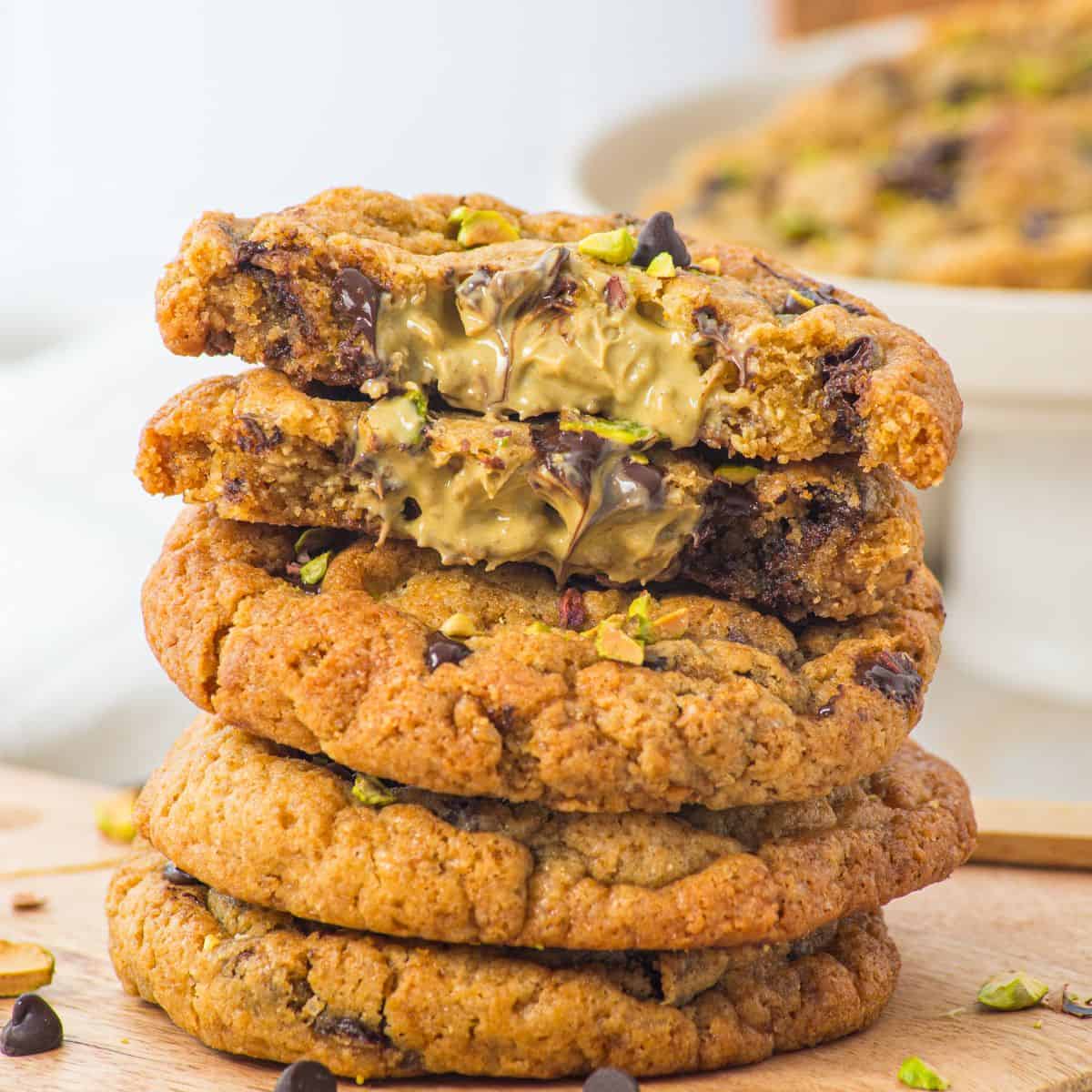 A stack of chocolate chip pistachio cookies.