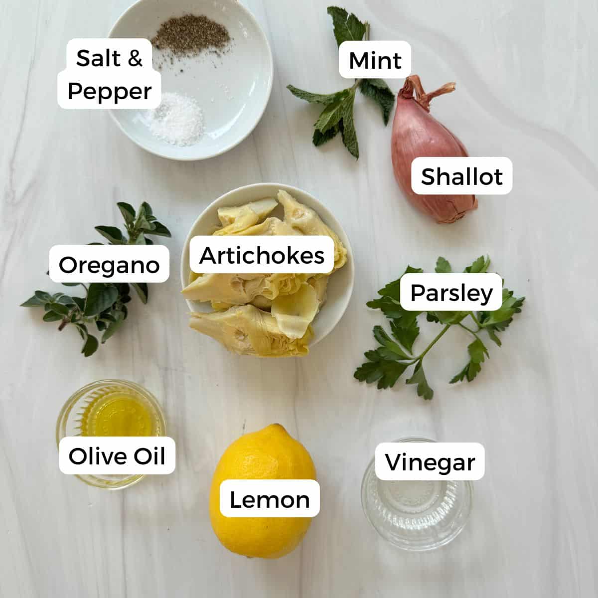 Ingredients include artichokes, shallot, mint, parsley, lemon, olive oil, oregano, salt, and pepper.