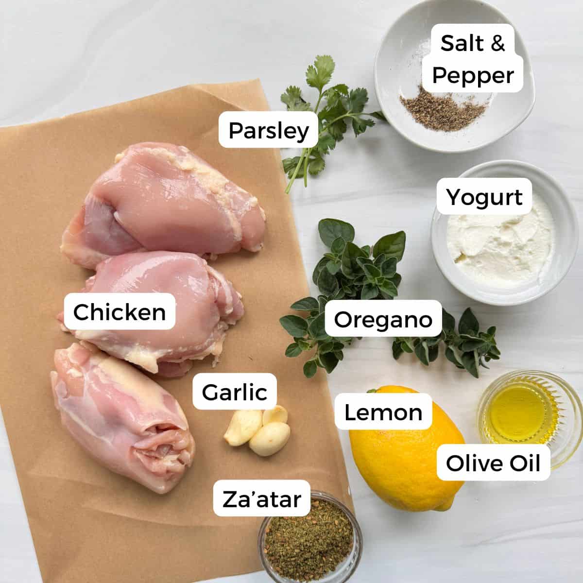 Ingredients include chicken, parsley, yogurt, oregano, garlic, lemon, olive oil, za'atar, salt, and pepper.
