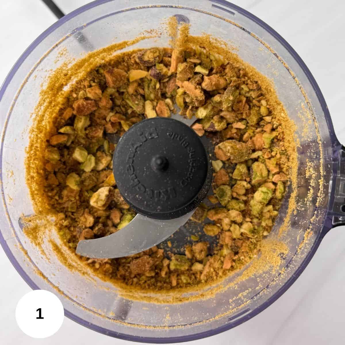 Pistachios chopped in the food processor. 