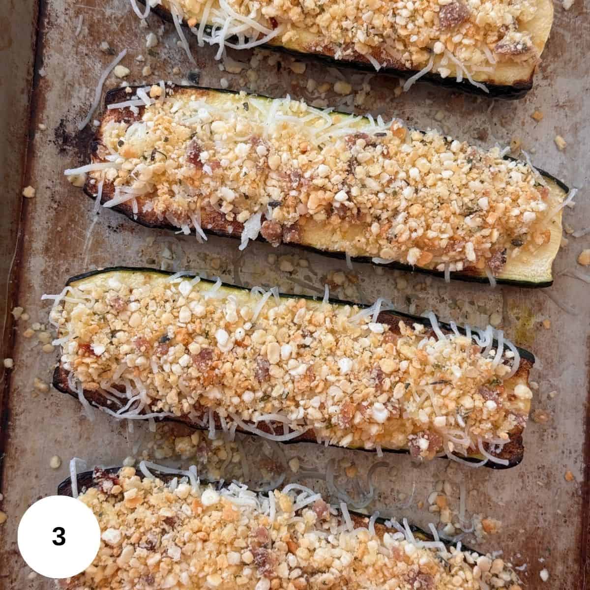 The broiled zucchini that is topped with the panko mixture and mozzarella cheese.