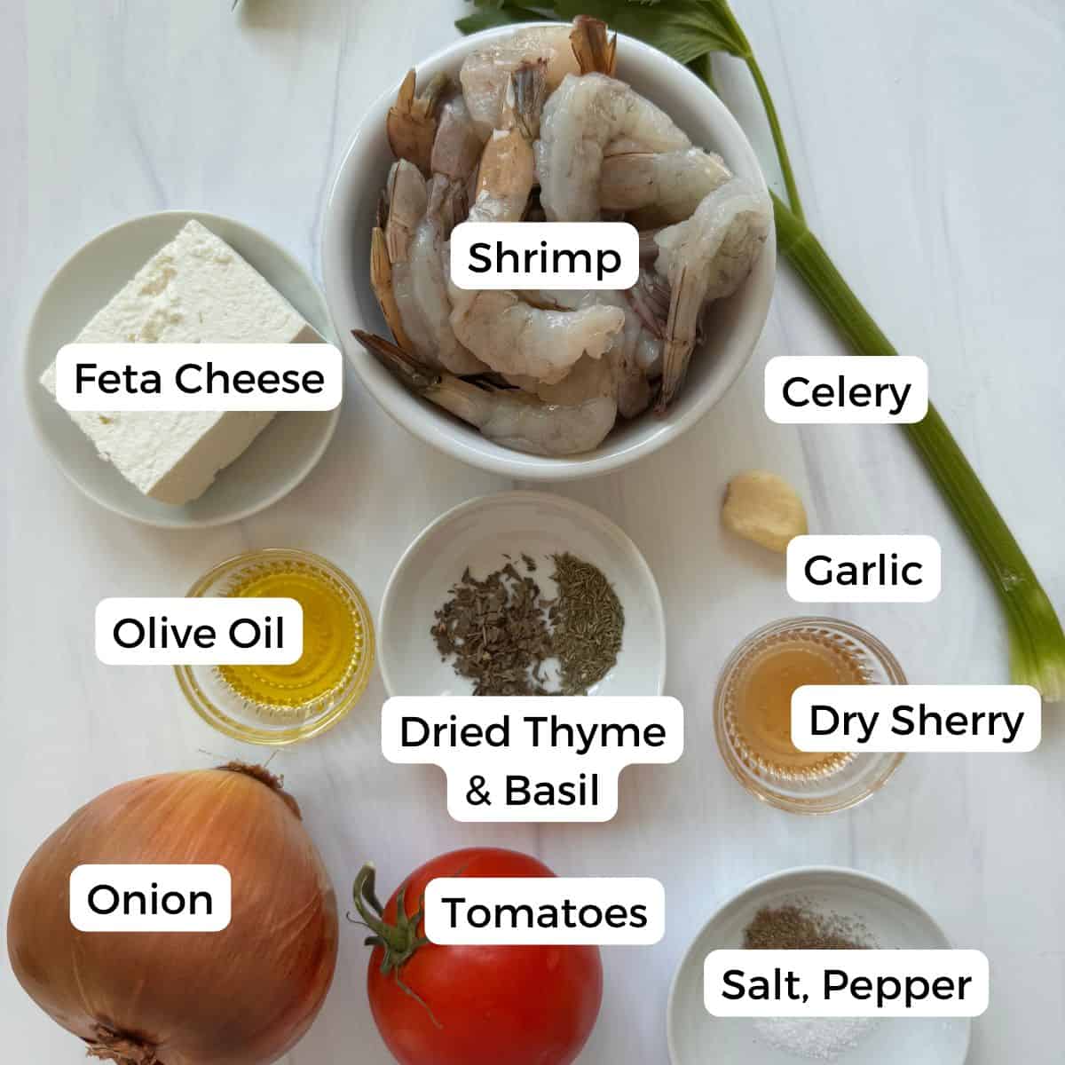 Ingredients include shrimp, celery, garlic, dry sherry, feta cheese, olive oil, dried thyme, dried basil, tomatoes, onion, salt, and pepper. 