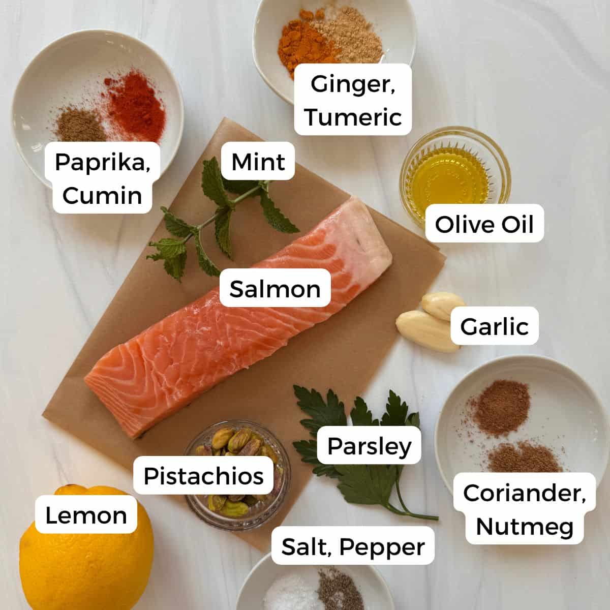 Ingredients include salmon, mint, paprika, cumin, ginger, tumeric, olive oil, garlic, coriander, nutmeg, parsley, pistachios, lemon, salt, and pepper. 