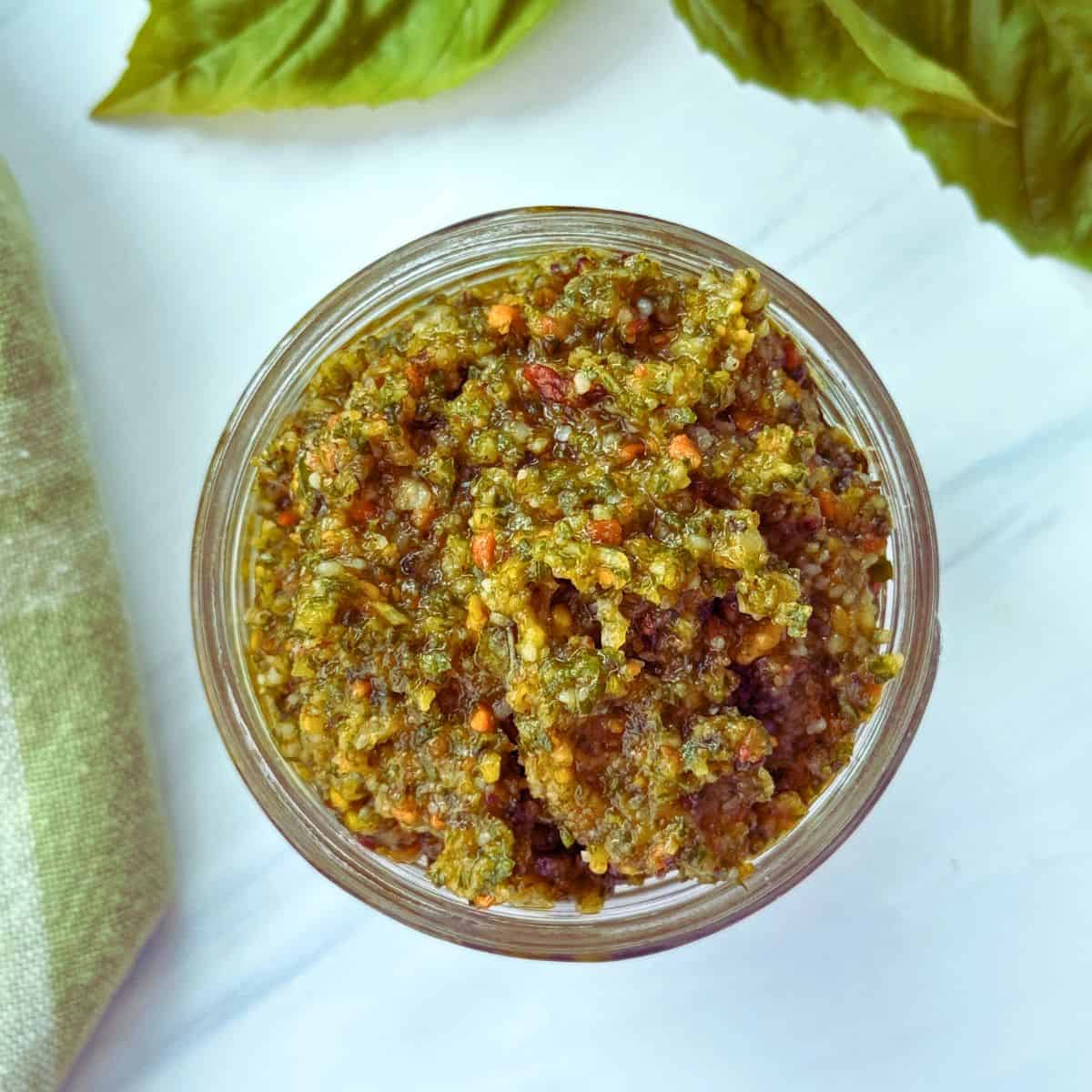 Pistachio Pesto in a small jar.