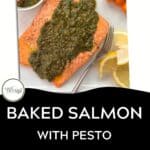 A fillet of baked salmon topped with green pesto sauce, served with lemon slices, fresh basil, cherry tomatoes, and a bowl of pesto on the side. Text reads: Salmon Pesto. Download Now.